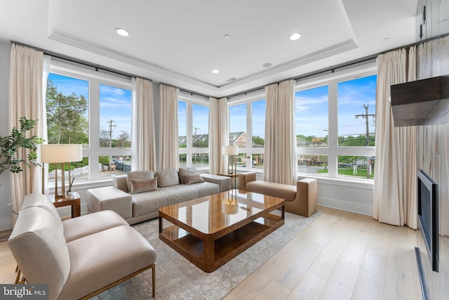 1632 Chain Bridge Rd, Mclean, VA 22101 - living area featuring a raised ceiling, plenty of natural light, light wood finished floors, and recessed lighting