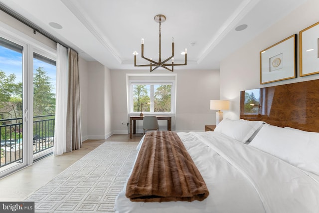 1632 Chain Bridge Rd, Mclean, VA 22101 - bedroom with access to outside, a chandelier, light wood-style flooring, a tray ceiling, and baseboards