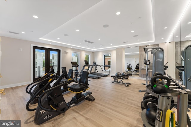 1632 Chain Bridge Rd, Mclean, VA 22101 - workout area with a tray ceiling, recessed lighting, light wood finished floors, french doors, and baseboards
