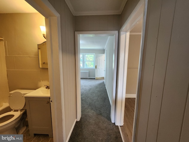 1609 Spruce St, Baltimore City, MD 21226 - hall with ornamental molding, radiator heating unit, and dark carpet