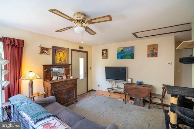 10496 Red Hawk Ln, Huntingdon, PA 16652 - living room featuring attic access, ceiling fan, carpet floors, and baseboards