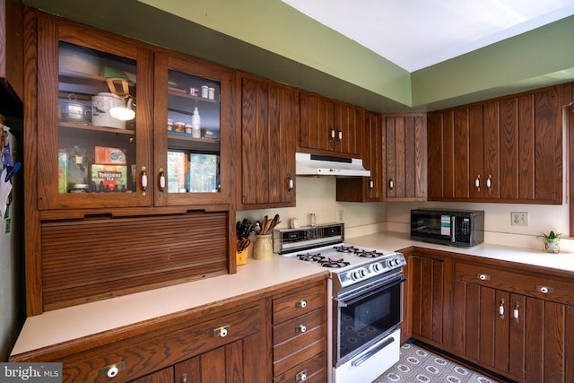 10496 Red Hawk Ln, Huntingdon, PA 16652 - kitchen with black microwave, gas range gas stove, under cabinet range hood, light countertops, and glass insert cabinets