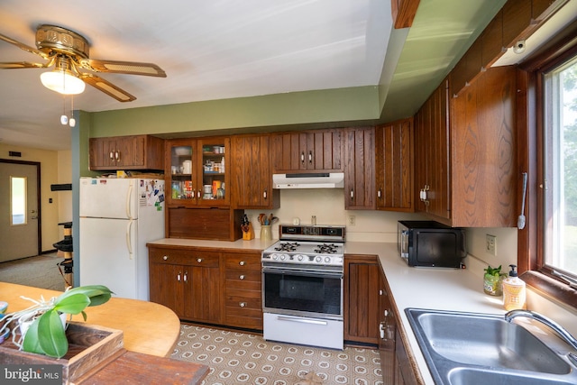 10496 Red Hawk Ln, Huntingdon, PA 16652 - kitchen featuring white appliances, under cabinet range hood, a sink, light countertops, and brown cabinetry