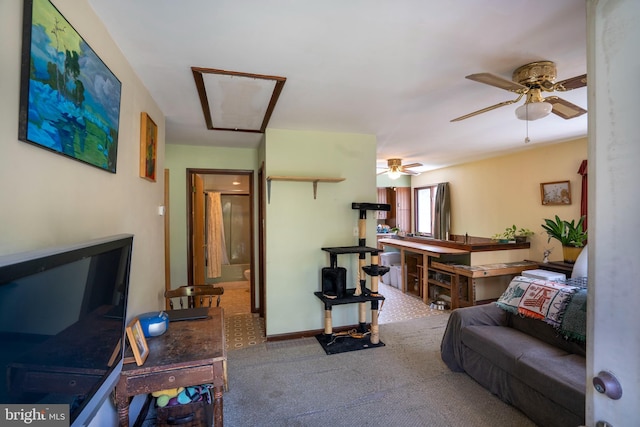 10496 Red Hawk Ln, Huntingdon, PA 16652 - carpeted living area with attic access and a ceiling fan