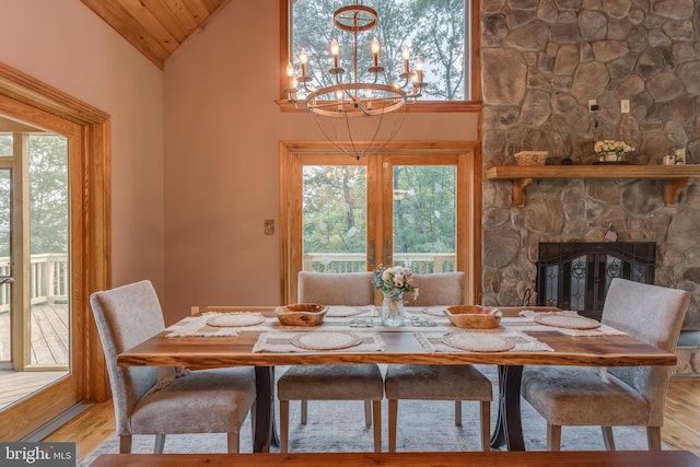 2020 Quaint Acres Ln, Berkeley Springs, WV 25411 - dining area featuring wood finished floors, a fireplace, a chandelier, plenty of natural light, and wood ceiling