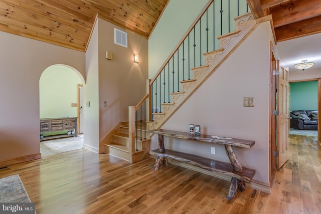 2020 Quaint Acres Ln, Berkeley Springs, WV 25411 - stairs featuring arched walkways, wood ceiling, wood finished floors, baseboards, and high vaulted ceiling
