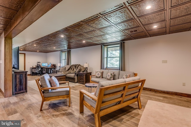 2020 Quaint Acres Ln, Berkeley Springs, WV 25411 - living area with an ornate ceiling, an office area, light wood-type flooring, baseboards, and recessed lighting