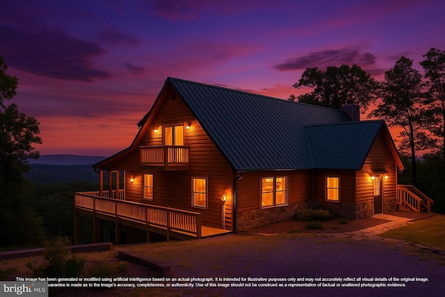 2020 Quaint Acres Ln, Berkeley Springs, WV 25411 - chalet / cabin featuring a balcony, stone siding, a chimney, and metal roof