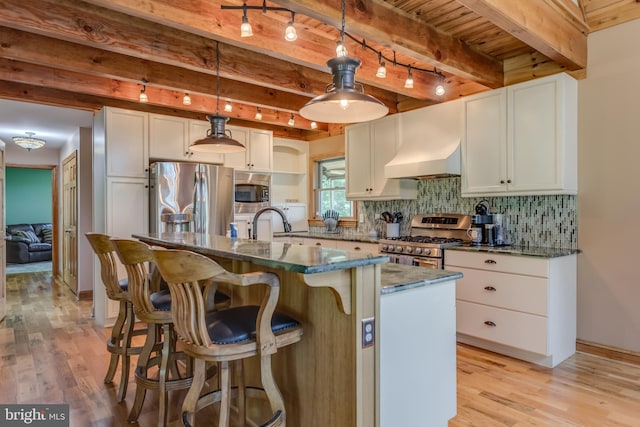 2020 Quaint Acres Ln, Berkeley Springs, WV 25411 - kitchen with appliances with stainless steel finishes, light wood-style flooring, custom exhaust hood, rail lighting, and tasteful backsplash