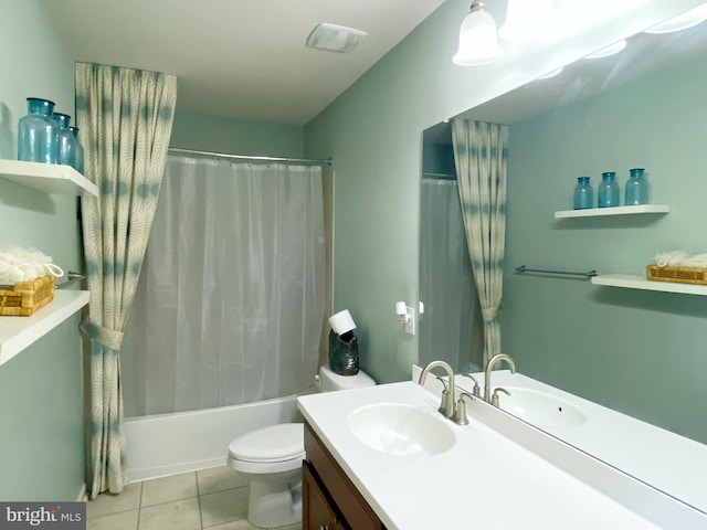 614 Empire Dr, Downingtown, PA 19335 - bathroom with vanity, toilet, shower / bath combo with shower curtain, and tile patterned floors