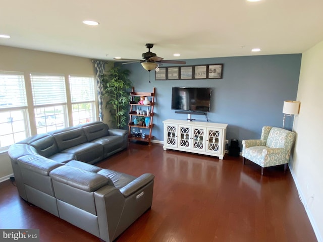 614 Empire Dr, Downingtown, PA 19335 - living area with baseboards, a ceiling fan, wood finished floors, and recessed lighting