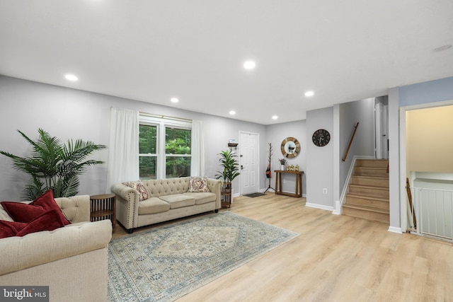 8170 Sinclair Mill Rd, Manassas, VA 20112 - living room with recessed lighting, light wood-style flooring, stairway, and baseboards