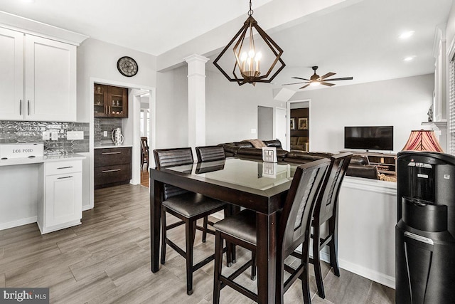 202 Galyn Dr, Brunswick, MD 21758 - dining area with a ceiling fan, light wood-type flooring, decorative columns, and recessed lighting