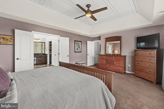 202 Galyn Dr, Brunswick, MD 21758 - bedroom with a raised ceiling, light colored carpet, baseboards, connected bathroom, and ceiling fan