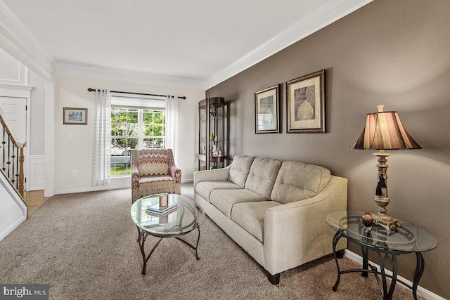 202 Galyn Dr, Brunswick, MD 21758 - living room featuring ornamental molding, stairway, carpet floors, and baseboards