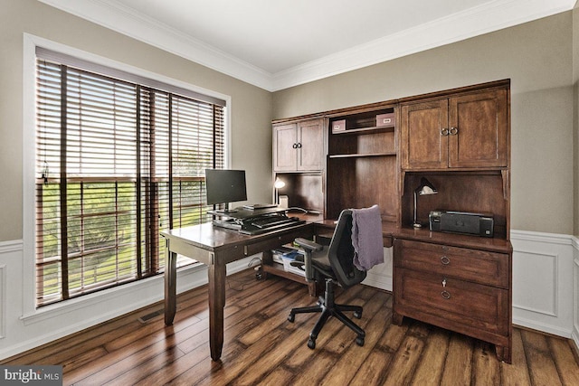 202 Galyn Dr, Brunswick, MD 21758 - office featuring dark wood-style floors, ornamental molding, wainscoting, and a decorative wall