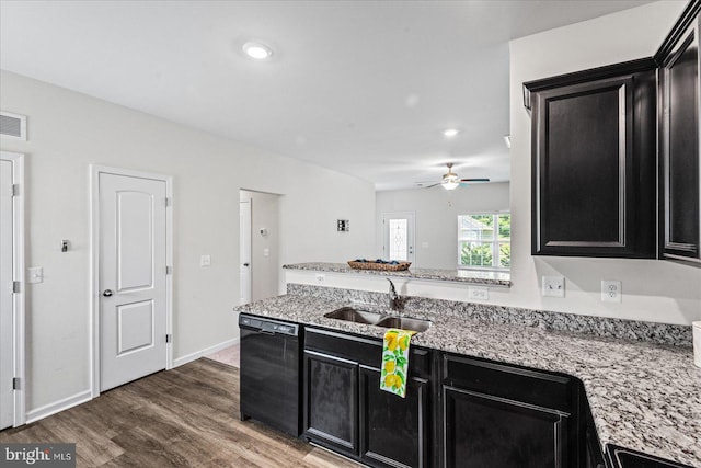 17324 Mary Adams Ave, Bowling Green, VA 22427 - kitchen with dishwasher, dark cabinets, a sink, wood finished floors, and ceiling fan