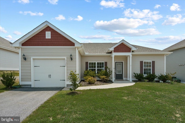 17324 Mary Adams Ave, Bowling Green, VA 22427 - ranch-style house with a garage, a front lawn, driveway, and roof with shingles