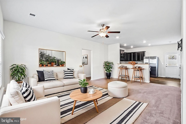 17324 Mary Adams Ave, Bowling Green, VA 22427 - carpeted living room featuring ceiling fan, recessed lighting, and baseboards