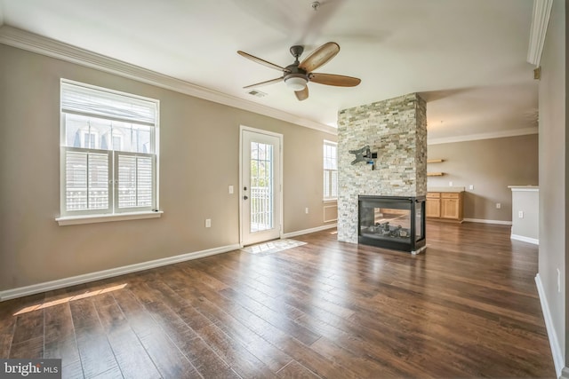 305 S Payne St Unit 305, Alexandria, VA 22314 - unfurnished living room with ceiling fan, ornamental molding, a fireplace, and dark wood-type flooring