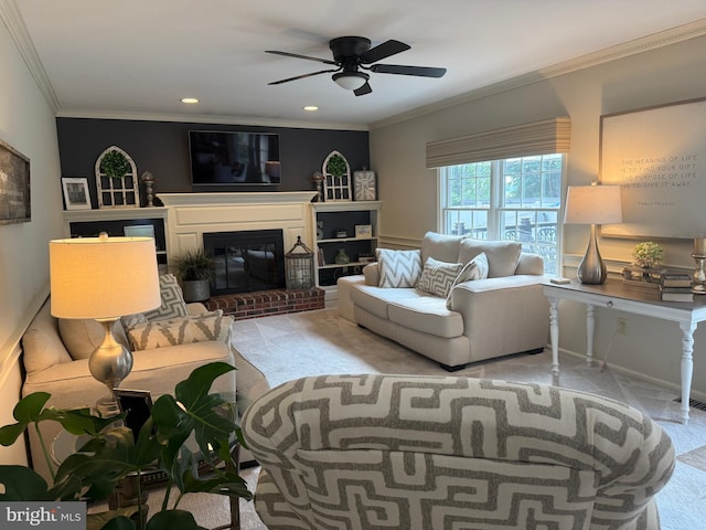 4170 Tersher Dr, Doylestown, PA 18902 - living room with a ceiling fan, carpet flooring, crown molding, recessed lighting, and a fireplace