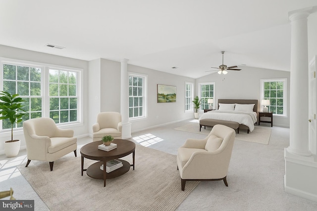 17301 Roundmont Pl, Round Hill, VA 20141 - bedroom featuring ornate columns, carpet, lofted ceiling, and a ceiling fan