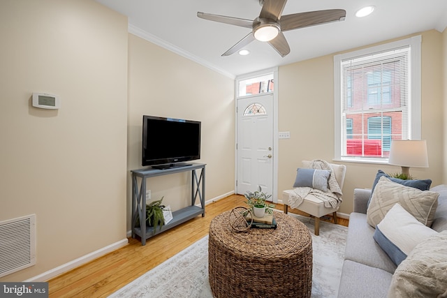 234 E Barney St E, Baltimore, MD 21230 - living room with wood finished floors, baseboards, crown molding, a ceiling fan, and recessed lighting