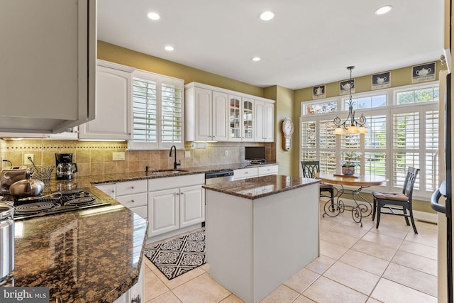 6 Easton Ln, Cinnaminson, NJ 08077 - kitchen featuring recessed lighting, tasteful backsplash, white cabinets, a center island, and dark stone countertops