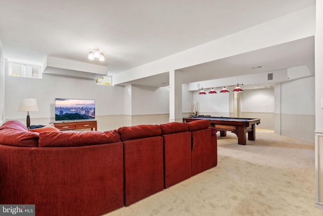 6 Easton Ln, Cinnaminson, NJ 08077 - living area featuring light colored carpet, billiards, and a wainscoted wall