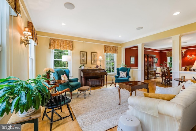 3525 Traveler Rd, Rockingham, VA 22801 - living room with decorative columns, wood-type flooring, healthy amount of natural light, ornamental molding, and recessed lighting
