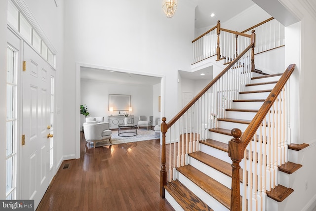 106 Gabrielle Ct Unit 8, Broomall, PA 19008 - foyer entrance featuring a high ceiling, stairs, wood finished floors, baseboards, and recessed lighting