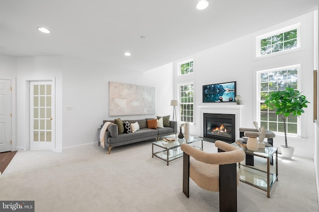 106 Gabrielle Ct Unit 8, Broomall, PA 19008 - living room with carpet, a glass covered fireplace, baseboards, and recessed lighting