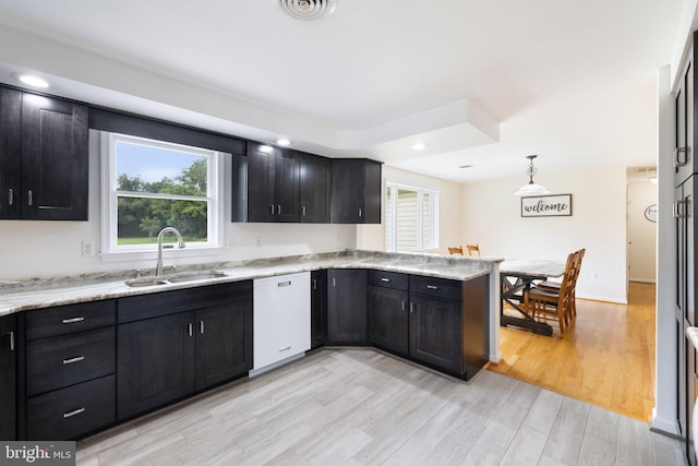 233 Kimble Rd, Berryville, VA 22611 - kitchen with white dishwasher, a peninsula, dark cabinets, light wood finished floors, and recessed lighting