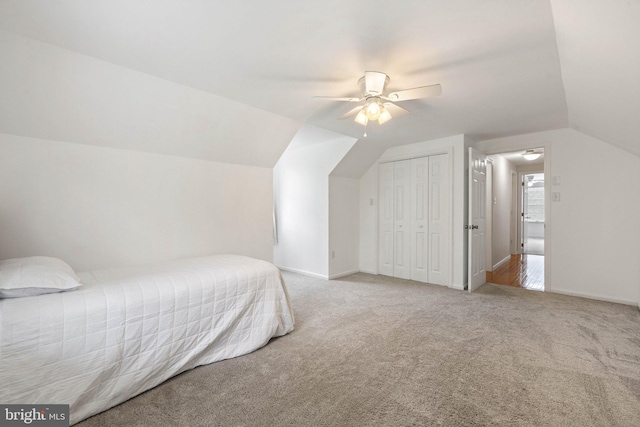 233 Kimble Rd, Berryville, VA 22611 - carpeted bedroom featuring lofted ceiling, a closet, and a ceiling fan