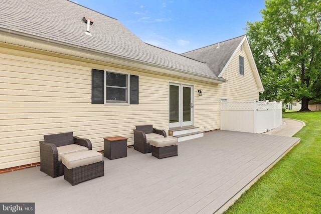 233 Kimble Rd, Berryville, VA 22611 - back of property with roof with shingles, a wooden deck, and a lawn
