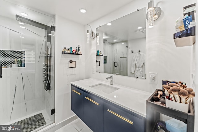 6101 Edsall Rd Unit 1111, Alexandria, VA 22304 - bathroom with vanity, a marble finish shower, recessed lighting, and tile patterned flooring