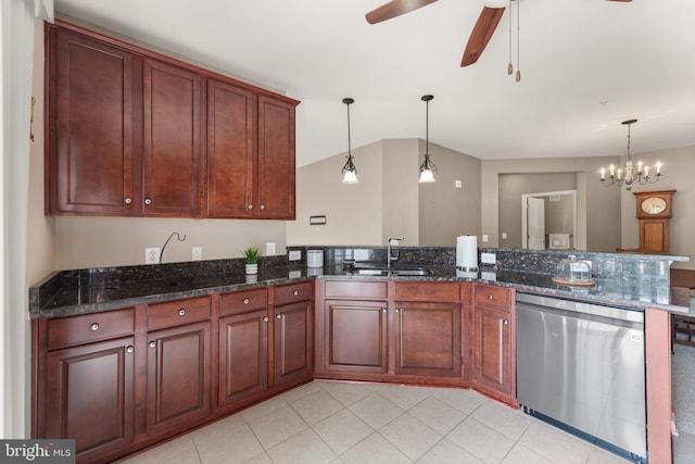 1412 Wigeon Way Unit 204, Gambrills, MD 21054 - kitchen featuring dishwasher, a ceiling fan, hanging light fixtures, light tile patterned flooring, and dark stone countertops