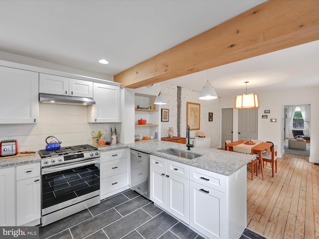 142 E New St, Lancaster, PA 17602 - kitchen featuring appliances with stainless steel finishes, a sink, a peninsula, white cabinets, and under cabinet range hood
