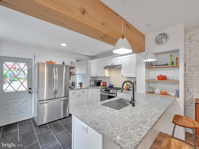 142 E New St, Lancaster, PA 17602 - kitchen featuring open shelves, appliances with stainless steel finishes, a sink, a peninsula, and white cabinets