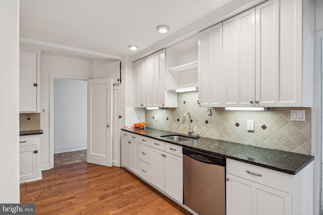 1901 Walnut St Unit 16E, Philadelphia, PA 19103 - kitchen with a sink, dishwasher, open shelves, white cabinetry, and wood finished floors