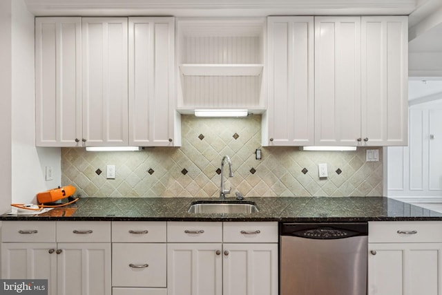 1901 Walnut St Unit 16E, Philadelphia, PA 19103 - kitchen with dishwasher, a sink, white cabinetry, open shelves, and dark stone counters