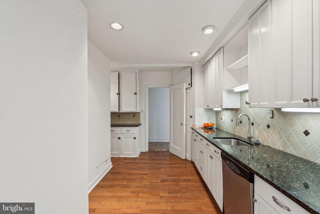 1901 Walnut St Unit 16E, Philadelphia, PA 19103 - kitchen featuring dishwasher, a sink, open shelves, white cabinetry, and light wood finished floors