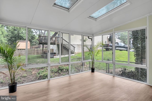 318 Mayfield Ct, Westminster, MD 21158 - unfurnished sunroom with a skylight, plenty of natural light, lofted ceiling, and wood finished floors