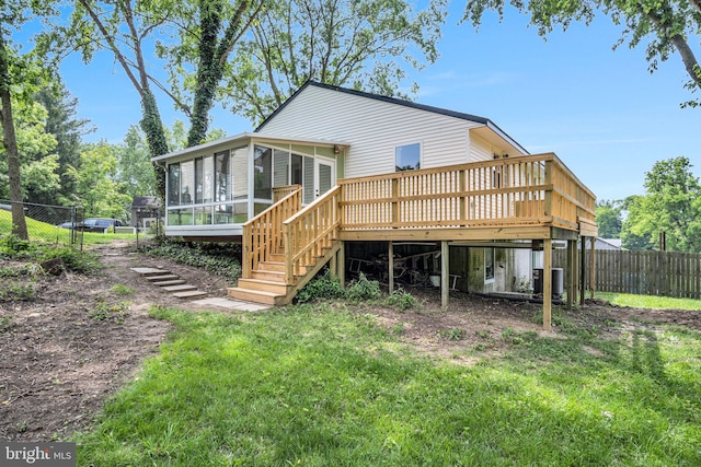 318 Mayfield Ct, Westminster, MD 21158 - back of property with a sunroom, a wooden deck, stairs, and cooling unit