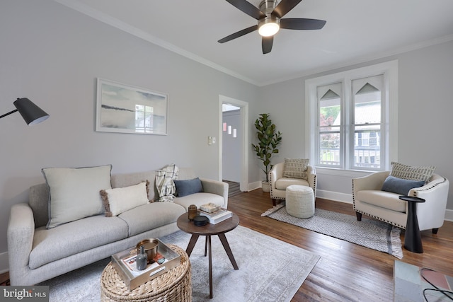 143 Hanover St, Glen Rock, PA 17327 - living area with ceiling fan, crown molding, wood finished floors, and baseboards