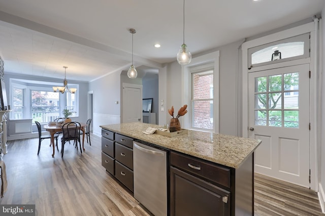 143 Hanover St, Glen Rock, PA 17327 - kitchen featuring a chandelier, light wood-type flooring, dark brown cabinets, healthy amount of natural light, and recessed lighting