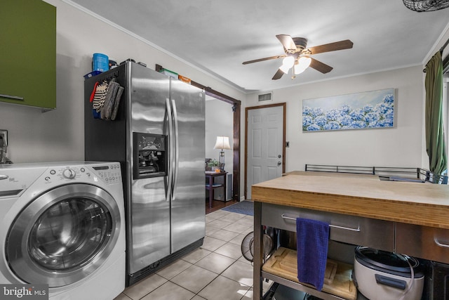 35 Long Loop Rd, Levittown, PA 19056 - laundry area with washer / clothes dryer, ceiling fan, light tile patterned floors, and ornamental molding
