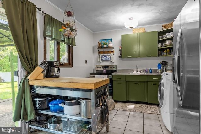 35 Long Loop Rd, Levittown, PA 19056 - kitchen with green cabinets, appliances with stainless steel finishes, open shelves, crown molding, and butcher block countertops