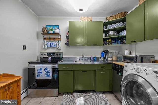 35 Long Loop Rd, Levittown, PA 19056 - kitchen featuring stainless steel counters, washer / dryer, stainless steel appliances, green cabinetry, and ornamental molding