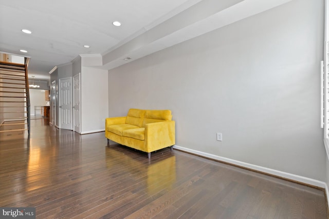 816 S Milton Ave, Baltimore, MD 21224 - living area with crown molding, baseboards, wood finished floors, recessed lighting, and stairs